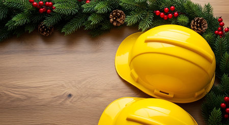 Two yellow hard hats sit on a wooden surface, decorated with a Christmas garland of pine branches, pine cones, and red berries.の素材