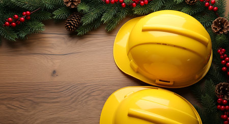 Two yellow hard hats sit on a wooden surface, surrounded by Christmas decorations including pine cones, fir branches, and red berries. The scene evokes a festive holiday mood with an industrial theme.の素材