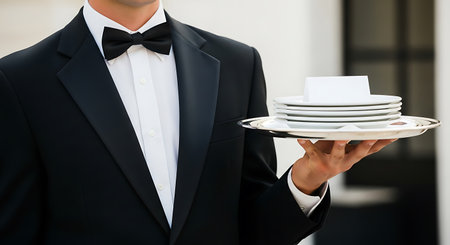 A waiter in a black tuxedo and bow tie holds a silver tray with a stack of white plates and a blank white card. The image focuses on the waiter's hand and the tray, highlighting the formal service setting.の素材