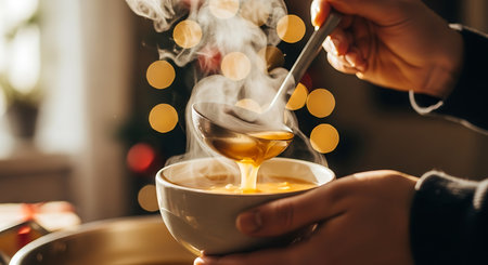 Hands hold a white bowl as a ladle pours steaming soup into it. Bokeh lights are blurred in the background.の素材
