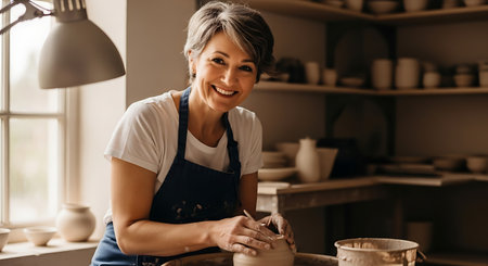 A smiling woman in a white shirt and blue apron shapes clay on a pottery wheel in a bright studio. Shelves filled with bowls and vases are visible in the background.の素材