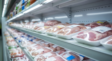 Packaged chicken and pork displayed on a refrigerator shelf in a supermarket. The meat is arranged on white plastic trays and wrapped in clear plastic film.の素材