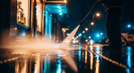A person is using a pressure washer to clean a wet sidewalk in a city at night. The spray from the nozzle is visible, and the wet pavement reflects the city lights.の素材