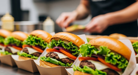 Row of cheeseburgers with lettuce, tomato, and red onion in small cardboard takeout boxes. A person is preparing more burgers in the background.の素材
