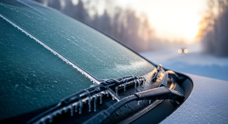 A close-up of a car windshield covered in ice and frost, with frozen wipers. The background shows a snowy winter landscape with a blurred road, trees, and a sunrise.の素材