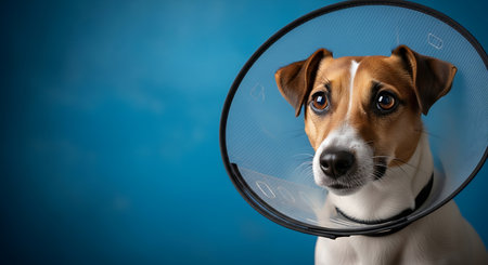 A Jack Russell Terrier with brown eyes wears a clear plastic cone against a blue background. The dog's head is tilted slightly to the right.の素材