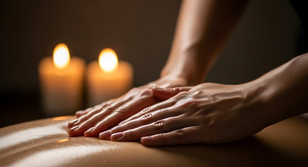 Hands massaging oiled back with two blurred burning candles in the background.の素材