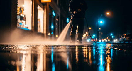 A person pressure washing a sidewalk at night. The wet pavement reflects the city lights, creating a blurred bokeh effect.の素材