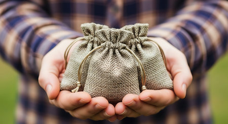 A close-up shot shows a person's hands holding three small burlap sacks with drawstrings. The sacks are textured and woven, in shades of brown and beige. The background is blurred, with hints of green. The person is wearing a plaid shirt.の素材