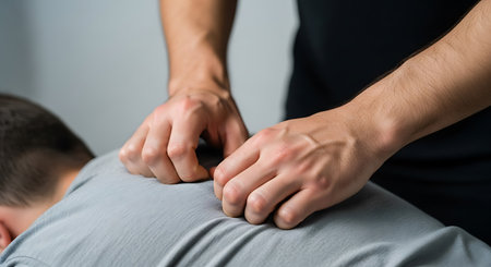 Massage showing hands massaging back of man in gray shirt against gray background. High resolution image suitable for commercial use. Clear details and vibrant colors enhance visual appeal.の素材