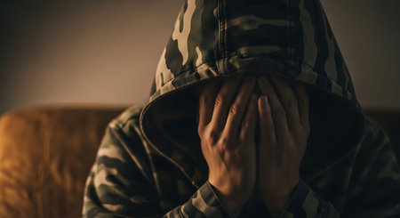 A person wearing a camouflage hoodie sits on a brown couch in a dimly lit room. They are covering their face with their hands.の素材