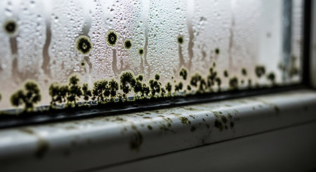 Mold and condensation are visible on a white window frame and glass. Water droplets cover the glass surface, and black mold is growing along the edges and on the frame.の素材