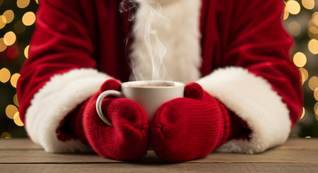 Santa Claus in his red suit with white fur trim holds a steaming mug of cocoa with red mittens. Bokeh lights are visible in the background. The mug sits on a wooden table.の素材