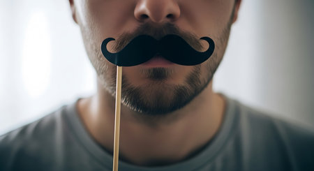 Close up of a man with a beard holding a black mustache prop on a stick in front of his mouth. The man is wearing a gray shirt.の素材