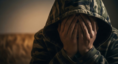 A person wearing a camouflage hoodie is covering their face with their hands. The scene is dimly lit, casting shadows and creating a somber mood.の素材