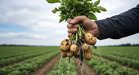 A hand holds a bunch of freshly dug potatoes with roots and green leaves against a background of a green field and cloudy sky.の素材