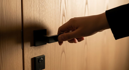 A hand in a black sleeve grips a black door handle on a light wood door. A black lock is visible below the handle.の素材