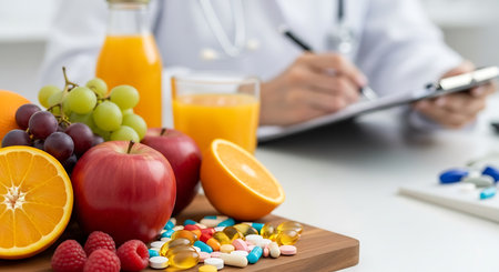 A doctor in a white coat is writing on a clipboard. In the foreground, there is a wooden board with an assortment of fruit, including oranges, apples, grapes, and raspberries, along with a variety of pills and capsules. A glass and a bottle of orange juice are also visible. A stethoscope is draped around the doctor's neck.の素材