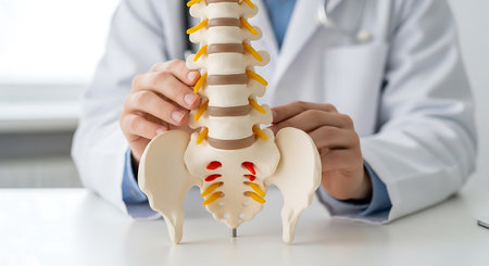 A doctor in a white coat holds an anatomical model of a human spine and pelvis on a white table. The model shows the vertebrae, lumbar region, sacrum, and coccyx, with yellow and red details.の素材
