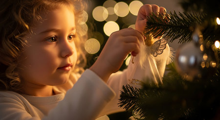 A young girl with blonde curly hair decorates a Christmas tree. She is holding a white angel ornament with glittery wings. Bokeh lights are visible in the background.の素材