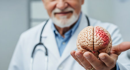 A doctor in a white coat holds a brain model in his hand. The brain model has a red area indicating a stroke. The doctor has gray hair and a beard. He is wearing a light blue shirt and a stethoscope.の素材