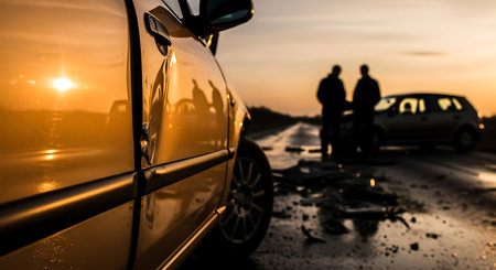 Damaged yellow car on a wet road at sunset after an accident. Two silhouetted figures stand near another car in the background. Debris and broken glass are scattered on the road.の素材