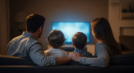 A family of four, consisting of a mother, father, and two children, are sitting on a dark gray couch in a dimly lit living room, watching television. The family is viewed from the back. The television screen emits a blue light.の素材