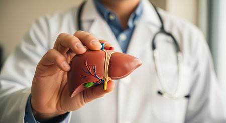 A doctor in a white coat and stethoscope holds a liver model in their hand. The model shows the anatomy of the liver with its vessels.の素材