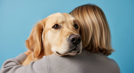 A close-up studio shot shows a golden retriever dog being hugged by a person wearing a gray sweater. The dog's head is resting on the person's shoulder. The background is a solid light blue.の素材