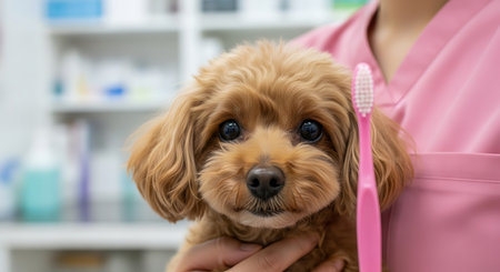 A small brown poodle puppy is held by a person wearing pink scrubs. A pink toothbrush is positioned near the puppy's face. The background shows a blurred veterinary clinic setting.の素材