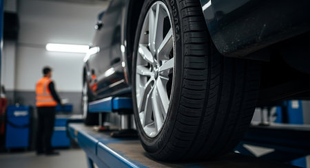 Close up view of a car on a blue lift at an auto repair shop. The tire is in focus with a silver rim. A mechanic in an orange safety vest is blurred in the background.の素材