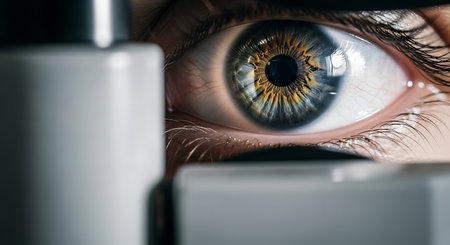 Close up of a human eye during an eye exam with medical equipment. The eye has a blue and hazel iris, with long eyelashes.の素材