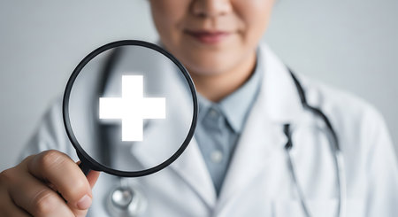 A doctor holds a magnifying glass over a white medical cross symbol. The doctor wears a white lab coat and a stethoscope is visible around their neck. The background is a neutral gray.の素材