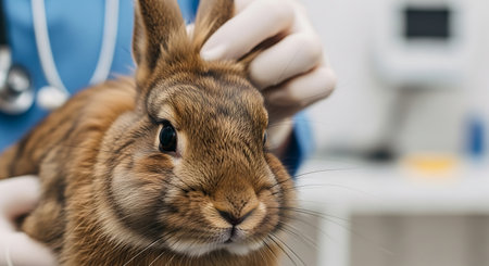 Close up of a brown rabbit being examined by a veterinarian wearing white gloves. The vet is wearing a blue shirt and a stethoscope is visible.の素材