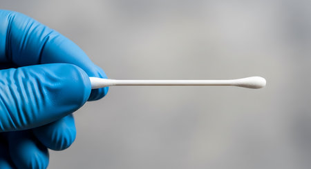 A blue gloved hand holds a white cotton swab against a gray background. The swab is held horizontally.の素材