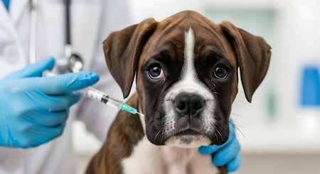 A close-up shows a brown and white boxer puppy receiving a vaccination from a veterinarian wearing blue gloves. A syringe with a needle is visible near the puppy's neck. The vet wears a white coat and a stethoscope is around their neck.の素材