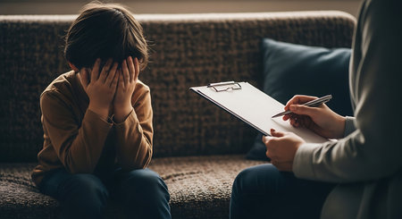 A young boy sits on a brown couch with his face covered by his hands during a therapy session. A therapist sits opposite him holding a clipboard and pen, appearing to take notes. A blue cushion is visible behind the boy.の素材
