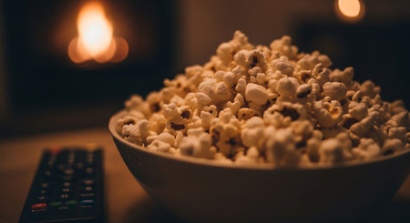 A bowl of popcorn sits in the foreground with a remote control to the left. In the background, a fireplace glows in a dimly lit room.の素材