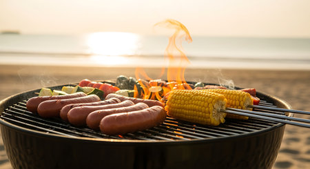 A close-up of a barbecue grill on a beach at sunset. Sausages, corn on the cob, and vegetable skewers are cooking on the grill with flames rising. The background shows the ocean and a sandy beach.の素材