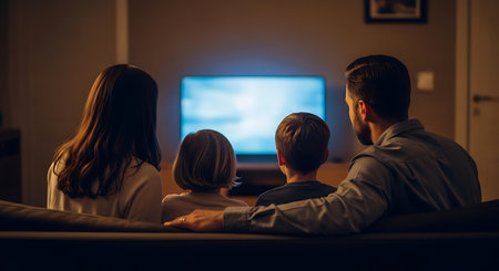 A family of four, seen from the back, sits on a dark sofa in a dimly lit living room, watching television. The father has his arm around his son.の素材