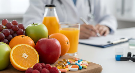 Fruits, juice, and pills are arranged on a wooden board in front of a doctor taking notes on a clipboard in a white setting. The doctor wears a white coat and stethoscope.の素材