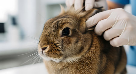 Close up of a brown rabbit being examined by a veterinarian wearing white gloves. The focus is on the rabbit's face and the vet's hands checking its ears.の素材
