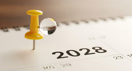 2028 showing yellow push pin on 2028 date page of a calendar reminder. High resolution image suitable for commercial use. Clear details and vibrant colors enhance visual appeal.の素材