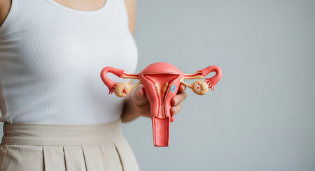 A woman in a white top and beige skirt holds a pink anatomical model of a uterus with ovaries and fallopian tubes against a gray background.の素材