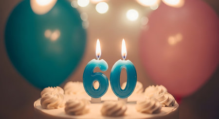 A birthday cake decorated with white frosting swirls features lit blue number candles forming the number 60. Teal and pink balloons are visible in the background with bokeh lights.の素材