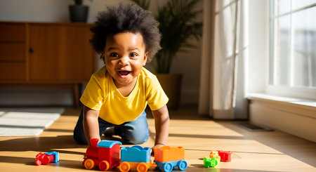 A smiling African American baby in a yellow shirt and blue jeans crawls on a wooden floor near a colorful toy train. Sunlight streams in through a window.の素材