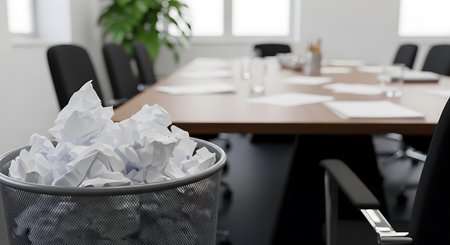A metal mesh wastebasket is overflowing with crumpled white paper. The scene is set in an office conference room with a long table and black chairs. Documents are scattered on the table.の素材