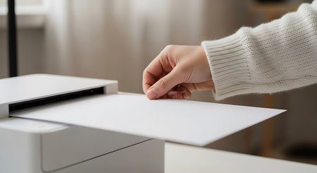 A person's hand, wearing a white sweater, is placing a sheet of white paper into a white printer. The printer sits on a white table. The background is blurred.の素材