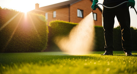 A person wearing green gloves is watering a green lawn with a hose. Golden sunlight shines on the grass and a brick house is visible in the background.の素材