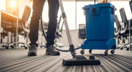 Person vacuuming striped carpet in office with blue cleaning cart. The person is wearing gray shoes and dark pants. Sunlight streams through the window.の素材